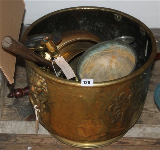 Large brass jardiniere with lion mask ring handles, copper warming pan, 2 pairs of brass candlesticks & sundry metalware